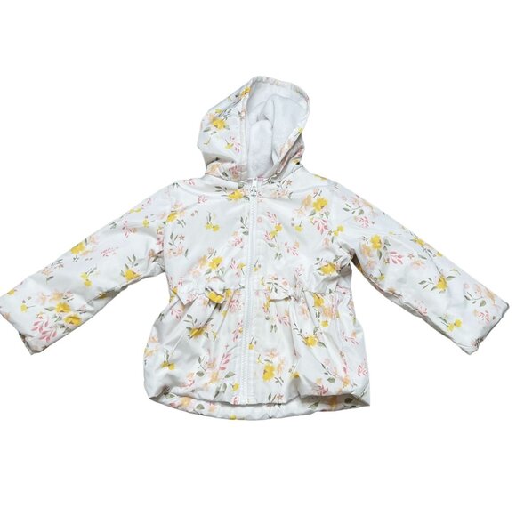 Penelope Mack Jacket Girls Size 24 Months White Yellow Floral Fur Lined Hooded - Picture 1 of 4